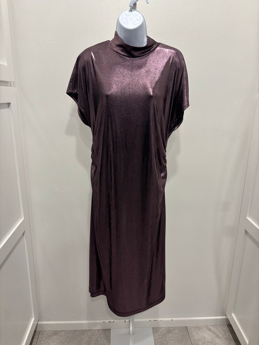Periphery Metallic Mock Neck Dress Liquid Shimmer Cyber Minimalist Ruched L EUC